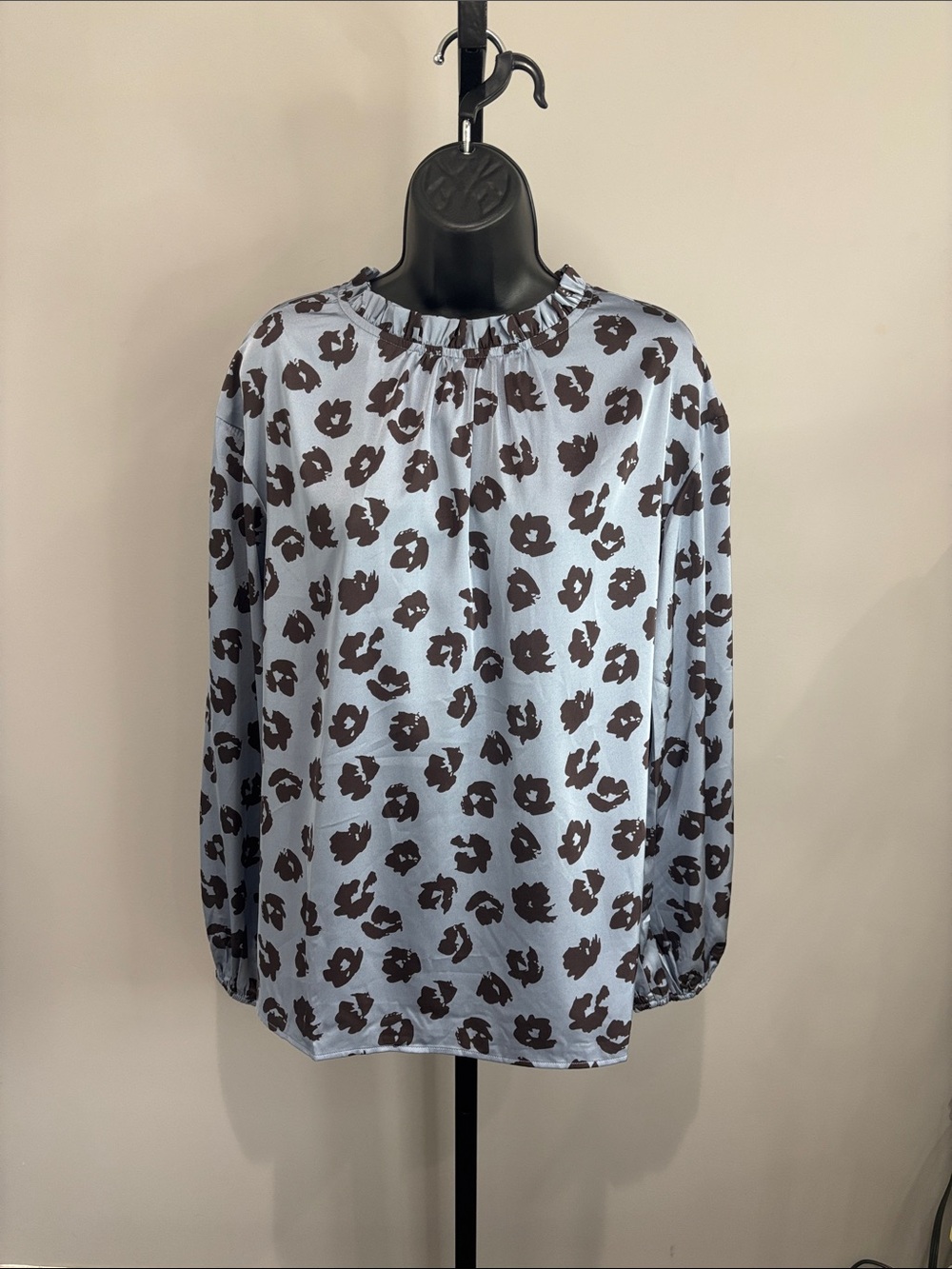 Ott Boutique Light Blue Long-Sleeve Blouse with Brown Leopard Print Size Medium